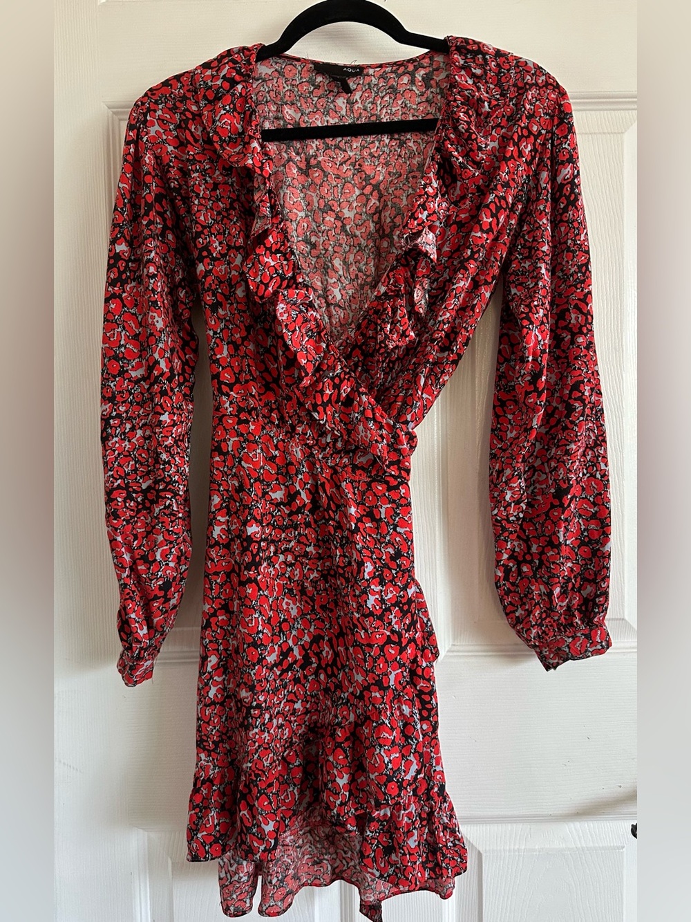 Aqua Red Floral Long Sleeve Wrap Dress with Ruffle Trim